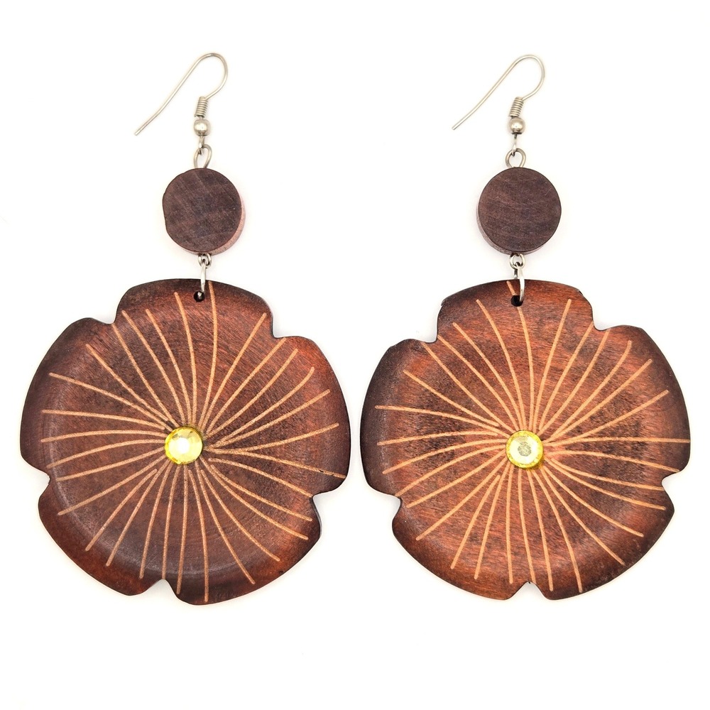 Wooden Flower Earrings Dangle Boho Wood Carved‎ Floral Bloom Jewelry
